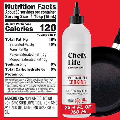 Chefs Life Cooking Oil - Gourmet Oil for Cooking, Blend of Olive Oil, Avocado Oil, Sunflower Oil & Grapeseed Oil, Non GMO - 25.4 Fl Oz Squeezable Bottle (1 Pack) in Saudi Arabia