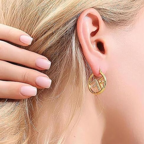 18K Gold Plated Hoop Earring For Womens Letter F Cubic Zirconia Huggie Earrings- An elegant gift for a stylish lady in Kuwait