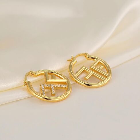 18K Gold Plated Hoop Earring For Womens Letter F Cubic Zirconia Huggie Earrings- An elegant gift for a stylish lady in Kuwait
