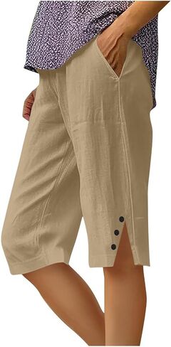 Women Summer Cotton Linen Short Knee Length Bermuda Shorts Side Slit Button Decor Straight Pants with Pockets in Saudi Arabia