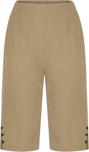 Women Summer Cotton Linen Short Knee Length Bermuda Shorts Side Slit Button Decor Straight Pants with Pockets in Saudi Arabia