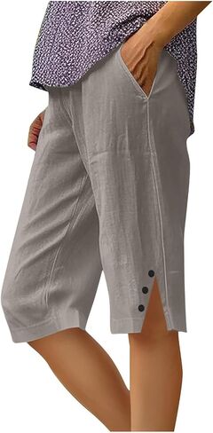 Women Summer Cotton Linen Short Knee Length Bermuda Shorts Side Slit Button Decor Straight Pants with Pockets in Saudi Arabia