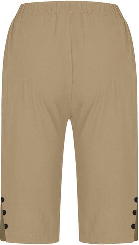 Women Summer Cotton Linen Short Knee Length Bermuda Shorts Side Slit Button Decor Straight Pants with Pockets in Saudi Arabia
