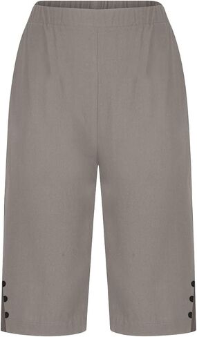 Women Summer Cotton Linen Short Knee Length Bermuda Shorts Side Slit Button Decor Straight Pants with Pockets in Saudi Arabia