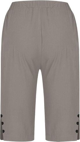 Women Summer Cotton Linen Short Knee Length Bermuda Shorts Side Slit Button Decor Straight Pants with Pockets in Saudi Arabia