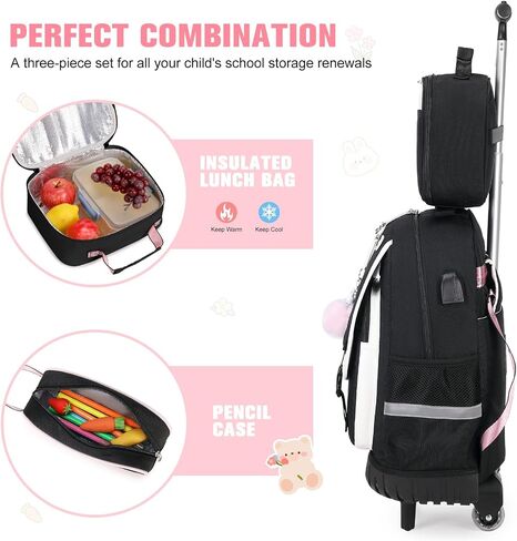 حقائب الظهر Bevalsa Rolling for Girls ، 3pcs Roller School Backpacks with Box Box & Pen Case ، Book Bookbag Schoolbag with Wheels for teen girl refctergarten school middle school in Kuwait
