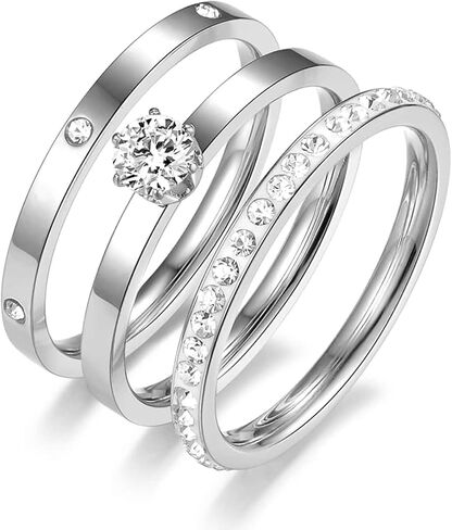 Rings for Women, Gold Rings with Heart Round Cubic Zirconia Moissanite Ring 3 in 1 Set 18K Gold Plated Stainless Steel Stackable Rings for Women Size 5-10 in Kuwait