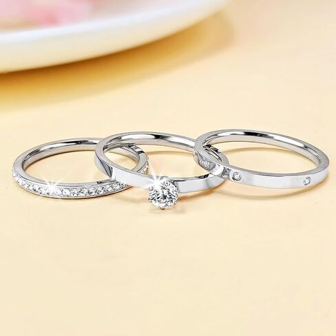 Rings for Women, Gold Rings with Heart Round Cubic Zirconia Moissanite Ring 3 in 1 Set 18K Gold Plated Stainless Steel Stackable Rings for Women Size 5-10 in Kuwait