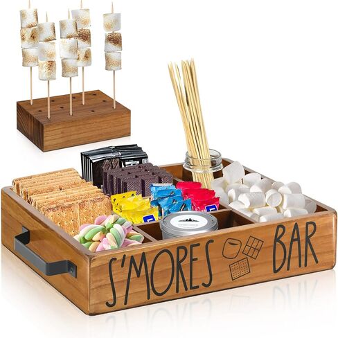 Wooden S'mores Station Box S'mores Bar Holder للعداد ، منظم Farmhouse Smores Caddy Tray for Kitchen Decor Tabletop ، Wood Camping BBQ Smores Accessories Organizer for Party Brown .. in Saudi Arabia
