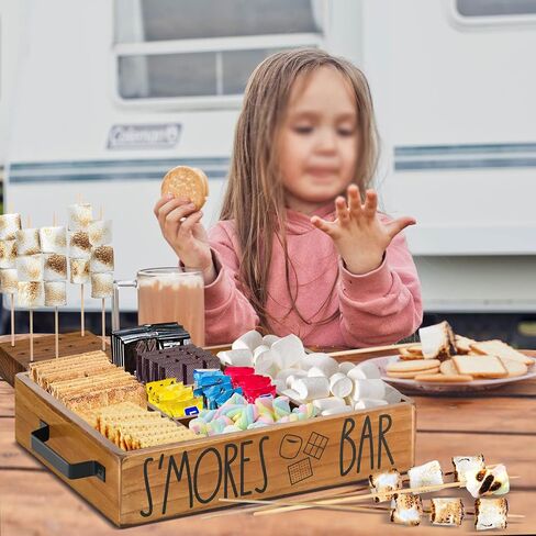 Wooden S'mores Station Box S'mores Bar Holder للعداد ، منظم Farmhouse Smores Caddy Tray for Kitchen Decor Tabletop ، Wood Camping BBQ Smores Accessories Organizer for Party Brown .. in Saudi Arabia