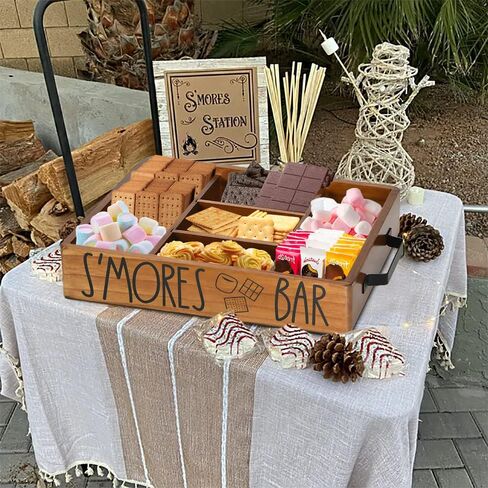 Wooden S'mores Station Box S'mores Bar Holder للعداد ، منظم Farmhouse Smores Caddy Tray for Kitchen Decor Tabletop ، Wood Camping BBQ Smores Accessories Organizer for Party Brown .. in Saudi Arabia