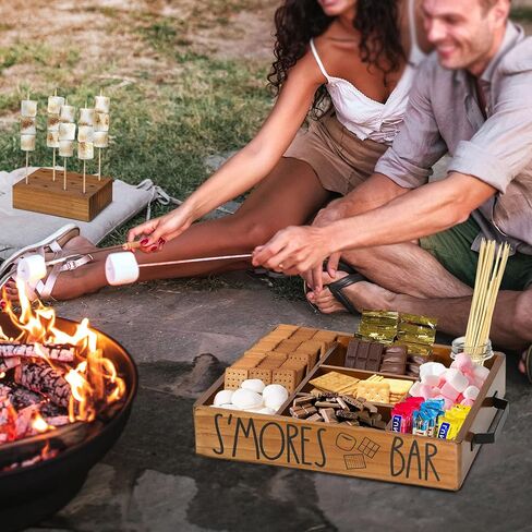 Wooden S'mores Station Box S'mores Bar Holder للعداد ، منظم Farmhouse Smores Caddy Tray for Kitchen Decor Tabletop ، Wood Camping BBQ Smores Accessories Organizer for Party Brown .. in Saudi Arabia