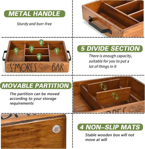 Wooden S'mores Station Box S'mores Bar Holder للعداد ، منظم Farmhouse Smores Caddy Tray for Kitchen Decor Tabletop ، Wood Camping BBQ Smores Accessories Organizer for Party Brown .. in Saudi Arabia