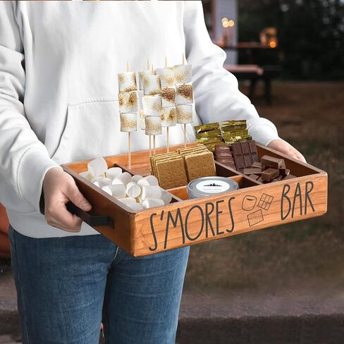 Wooden S'mores Station Box S'mores Bar Holder للعداد ، منظم Farmhouse Smores Caddy Tray for Kitchen Decor Tabletop ، Wood Camping BBQ Smores Accessories Organizer for Party Brown .. in Saudi Arabia