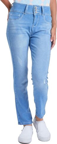 YMI Jeans Girls 3 Button Essential Skinny Jeans with Faux Front Pockets, Light Blue Rips, 14 in Saudi Arabia
