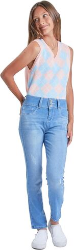 YMI Jeans Girls 3 Button Essential Skinny Jeans with Faux Front Pockets, Light Blue Rips, 14 in Saudi Arabia