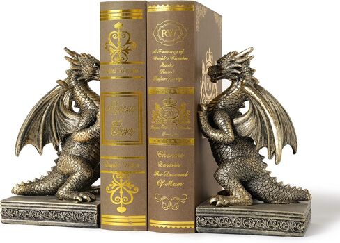 Dragon Statue Decorative Bookends for Shelves, Antique Gold Dragon Statue Home Office Decoration, Fantasy Dragon Figurine Enthusiasts Gifts in Kuwait