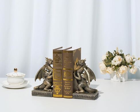 Dragon Statue Decorative Bookends for Shelves, Antique Gold Dragon Statue Home Office Decoration, Fantasy Dragon Figurine Enthusiasts Gifts in Kuwait