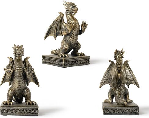 Dragon Statue Decorative Bookends for Shelves, Antique Gold Dragon Statue Home Office Decoration, Fantasy Dragon Figurine Enthusiasts Gifts in Kuwait