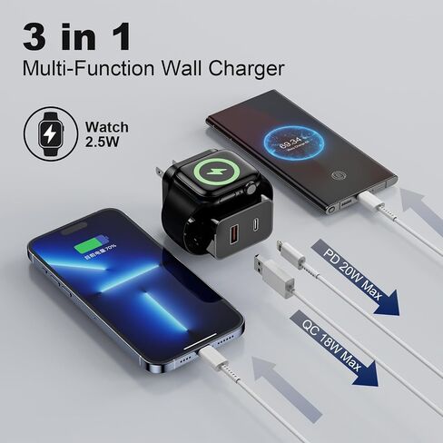 لشاحن Apple Watch ، 3 في 1 20W كتلة شحن سريعة ، كتلة شاحن USB C المحمولة لـ IWatch Series Ultra/9/8/7/6 ، متوافق مع iPhone 16/16 Pro/iPhone 15 ، سلسلة White in Saudi Arabia