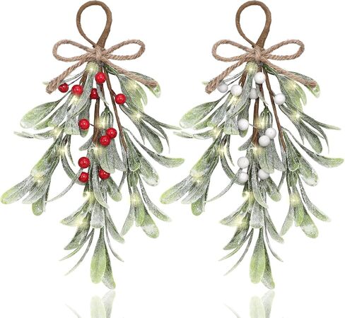 Dilunave الهدال الاصطناعي اختيار الجاموس منقوشة القوس الأبيض التوت الهدال التقبيل الكرة عيد الميلاد الهدال شنقا زخرفة شجرة عيد الميلاد الحلي لزينة شجرة عيد الميلاد (2 قطعة) in Kuwait