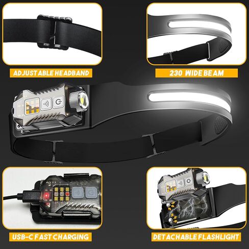 Headlamp Rechargeable 6 Pack, 230° Wide Beam LED Headlamp, 5 Modes of Lightweight Headlamps with Motion Sensors, Hard hat Light for Adults, Waterproof Headlight Flashlight for Camping, Hiking in Saudi Arabia