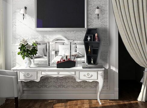 رف التابوت من كوريو ديكور قوطي مخيف للحمام وغرفة المعيشة - أسود، 18 × 9.5 × 3 عمق - تم تجميع الأرفف بالكامل - نظارات صغيرة للديكور المخيف، وأشكال صغيرة، وصخور، والمزيد in Kuwait