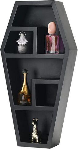 رف التابوت من كوريو ديكور قوطي مخيف للحمام وغرفة المعيشة - أسود، 18 × 9.5 × 3 عمق - تم تجميع الأرفف بالكامل - نظارات صغيرة للديكور المخيف، وأشكال صغيرة، وصخور، والمزيد in Kuwait