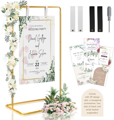 Elegant White Wedding Easel Stand, Adjustable 30x20x68 in Welcome To Our Wedding Sign Display Stand with 39 Premium Templates&Leather Straps, Sturdy Display for Wedding, Birthday, Anniversary in Saudi Arabia