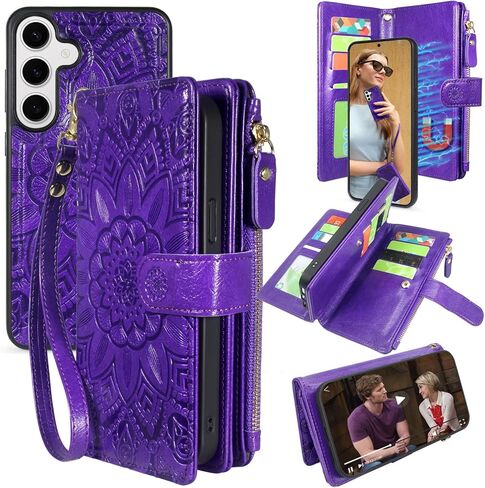 Harryshell Compatible with Samsung Galaxy S25+ Plus Wallet Case Detachable Phone Cover with Zipper Cash Coin Pocket Multi Card Slots Holder Wrist Strap Lanyard 6.7 inch (Floral Brown) in Kuwait