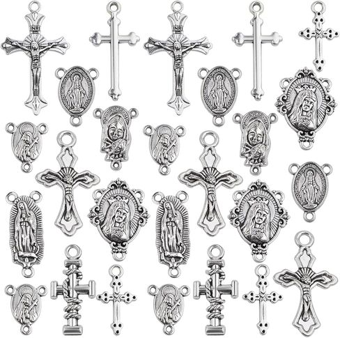 50pcs Antique Bronze Rosary Cross and Center Miraculous Medal Charms Tibetan Jesus Crucifix Pendants Virgin Mary Oval Chandelier Links for DIY Rosary Necklace Jewelry Making, 10 Styles in Saudi Arabia