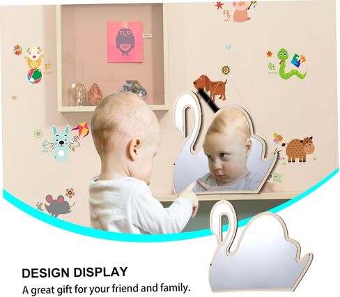 PRETYZOOM Decorative Swan Shape Wooden Mirror for Boys and Girls Room Safe Wall-mountable Stick Design Reflection Nursery Decoration Khaki in Saudi Arabia
