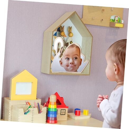 PRETYZOOM Decorative Swan Shape Wooden Mirror for Boys and Girls Room Safe Wall-mountable Stick Design Reflection Nursery Decoration Khaki in Saudi Arabia