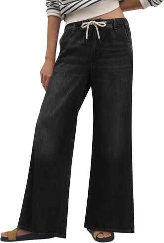 Cicy Bell Womens Wide Leg Flare Jeans Casual Drawstring High Waist Vintage Denim Pants with Pockets in Saudi Arabia