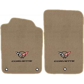 Custom Fit 2 Piece Carpet Front Mats Compatible with 1997-2004 Corvette Coupe with Black C5 Flag Logo - Tan in Saudi Arabia