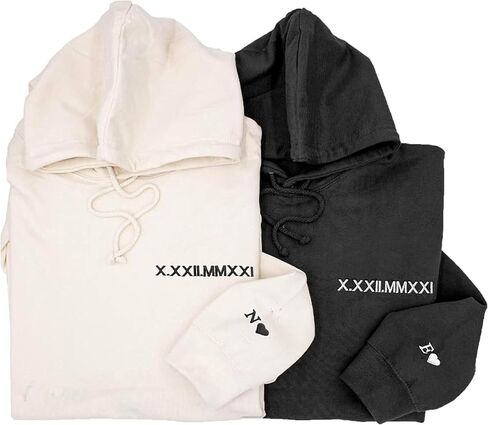 NAZENTI Custom Embroidered Roman Numeral Hoodie, Matching Sweaters For Couples, Personalized Couple Crewnecks, Roman Numeral Sweatshirt, Date + Initial Heart On Sleeve, Valentine For Her Him Gifts in Saudi Arabia