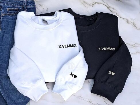 NAZENTI Custom Embroidered Roman Numeral Hoodie, Matching Sweaters For Couples, Personalized Couple Crewnecks, Roman Numeral Sweatshirt, Date + Initial Heart On Sleeve, Valentine For Her Him Gifts in Saudi Arabia