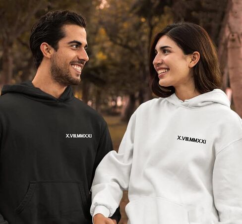 NAZENTI Custom Embroidered Roman Numeral Hoodie, Matching Sweaters For Couples, Personalized Couple Crewnecks, Roman Numeral Sweatshirt, Date + Initial Heart On Sleeve, Valentine For Her Him Gifts in Saudi Arabia