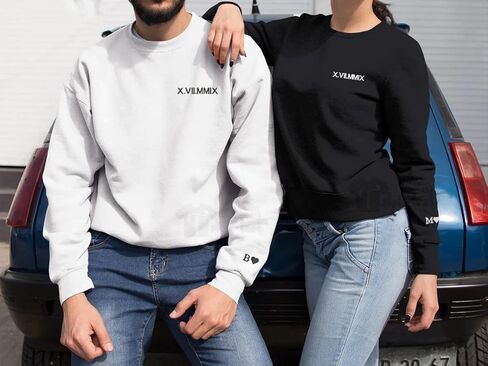NAZENTI Custom Embroidered Roman Numeral Hoodie, Matching Sweaters For Couples, Personalized Couple Crewnecks, Roman Numeral Sweatshirt, Date + Initial Heart On Sleeve, Valentine For Her Him Gifts in Saudi Arabia