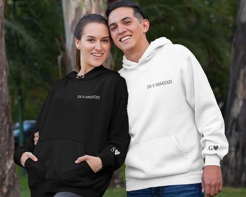NAZENTI Custom Embroidered Roman Numeral Hoodie, Matching Sweaters For Couples, Personalized Couple Crewnecks, Roman Numeral Sweatshirt, Date + Initial Heart On Sleeve, Valentine For Her Him Gifts in Saudi Arabia