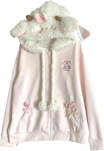 النساء kawaii zip udie girls cute sheep cartoon asmerrodery harajuku long swited switshirt sweatshirt in Kuwait