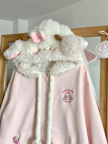 النساء kawaii zip udie girls cute sheep cartoon asmerrodery harajuku long swited switshirt sweatshirt in Kuwait