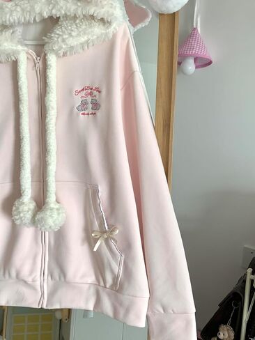 النساء kawaii zip udie girls cute sheep cartoon asmerrodery harajuku long swited switshirt sweatshirt in Kuwait