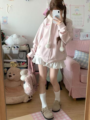 النساء kawaii zip udie girls cute sheep cartoon asmerrodery harajuku long swited switshirt sweatshirt in Kuwait