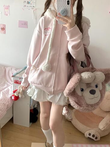 النساء kawaii zip udie girls cute sheep cartoon asmerrodery harajuku long swited switshirt sweatshirt in Kuwait