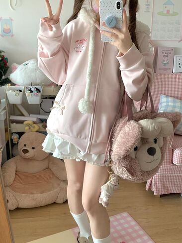 النساء kawaii zip udie girls cute sheep cartoon asmerrodery harajuku long swited switshirt sweatshirt in Kuwait
