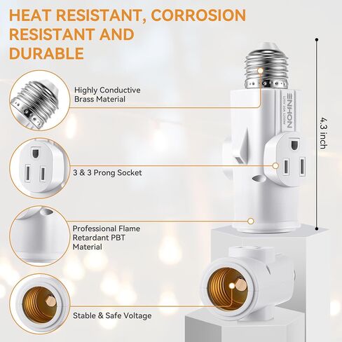 Enhon 2 Pack Light Socket Outlet Adapter, 2/3 Prong Light Socket to Plug Adapter, E26/E27 Heat Resistant Light Bulb Outlet Socket Plug Adapter Splitter Converter for Garage Porch Indoor Outdoor in Kuwait