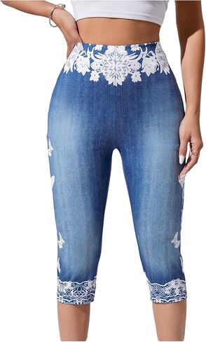 GORGLITTER Women's Butterfly Capri Denim Effect Pants High Waisted Bermuda Yoga Leggings in Saudi Arabia