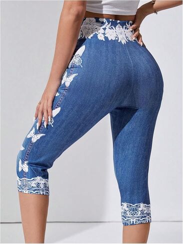 GORGLITTER Women's Butterfly Capri Denim Effect Pants High Waisted Bermuda Yoga Leggings in Saudi Arabia