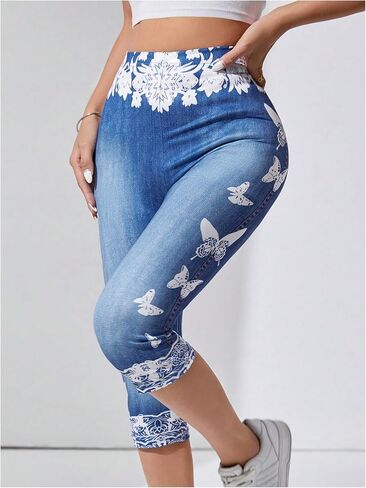 GORGLITTER Women's Butterfly Capri Denim Effect Pants High Waisted Bermuda Yoga Leggings in Saudi Arabia